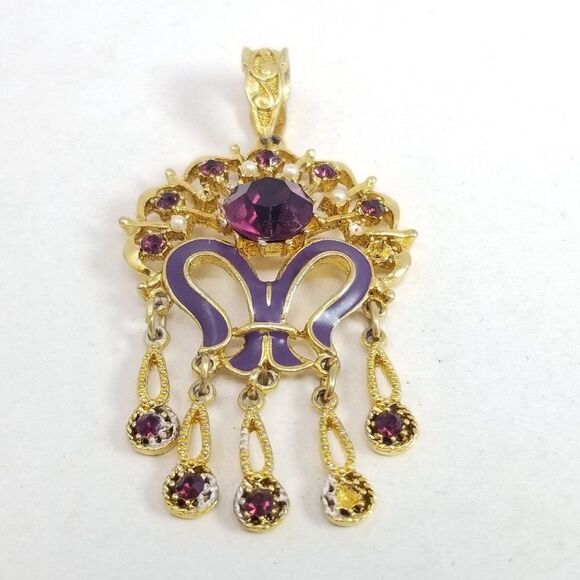 Vintage Purple Rhinestone Enamel Pendant, Gold Tone Setting Unique Design Estate - Picture 7 of 7